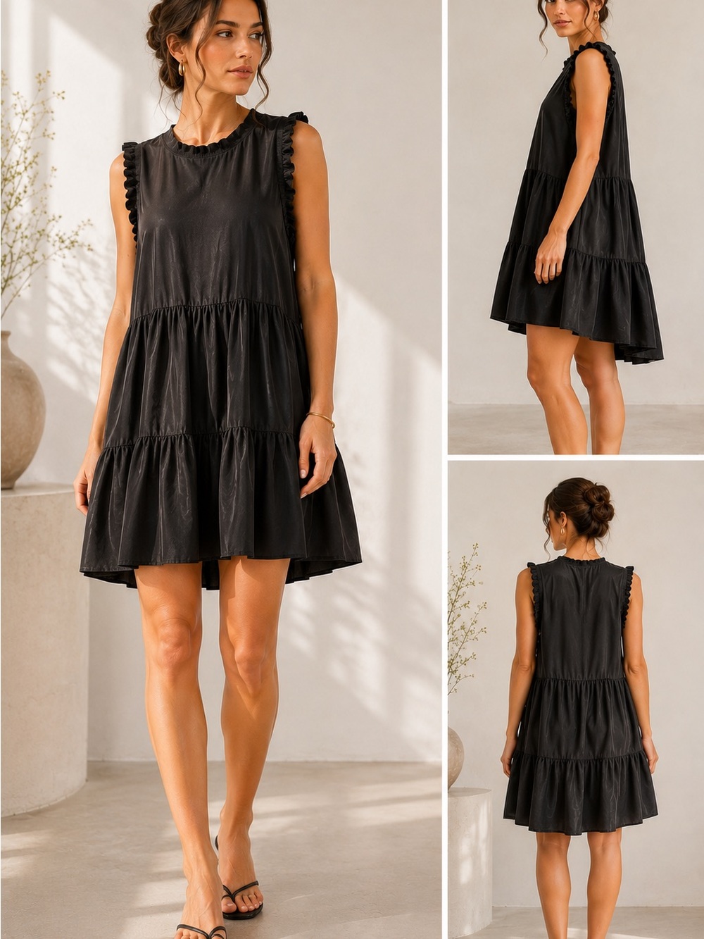 Cinq à Sept 100% Silk Black Tiered Mini Dress | Ruffle Sleeve Shift Dress Size M